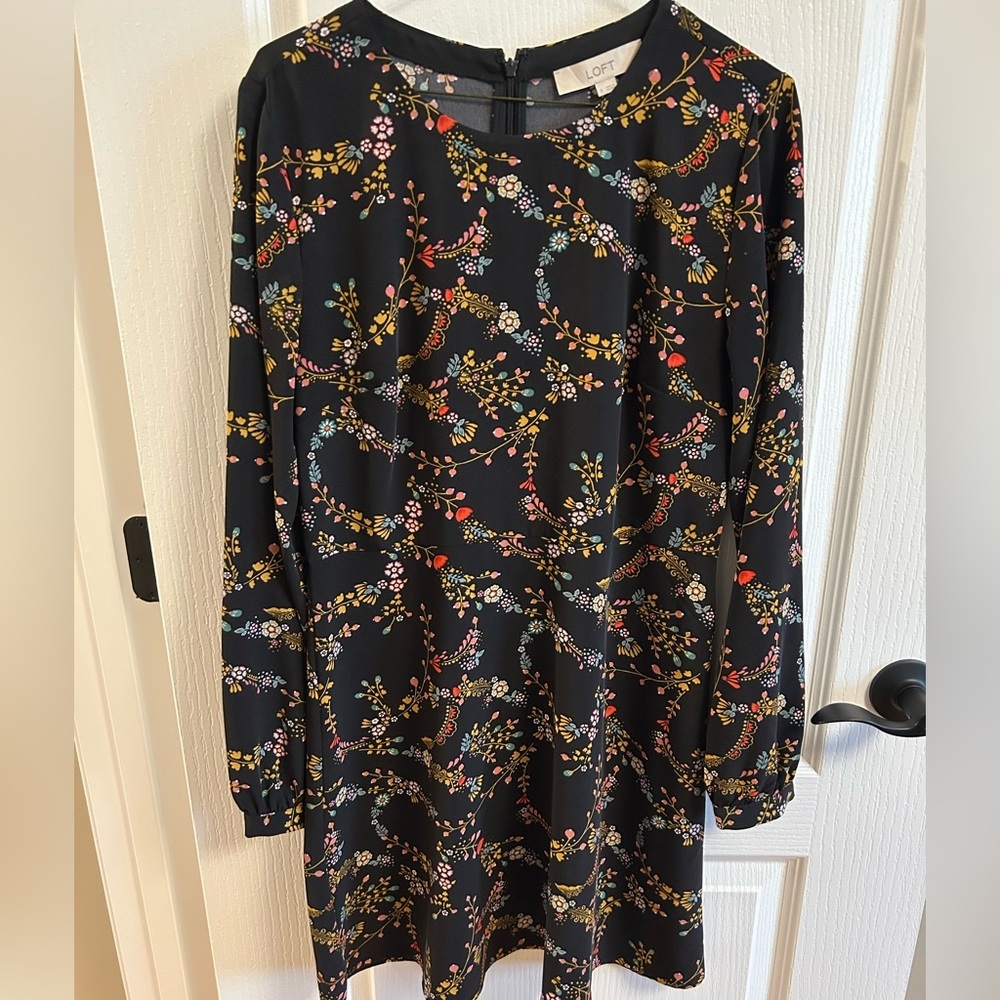 LOFT Black Floral Long Sleeve Dress